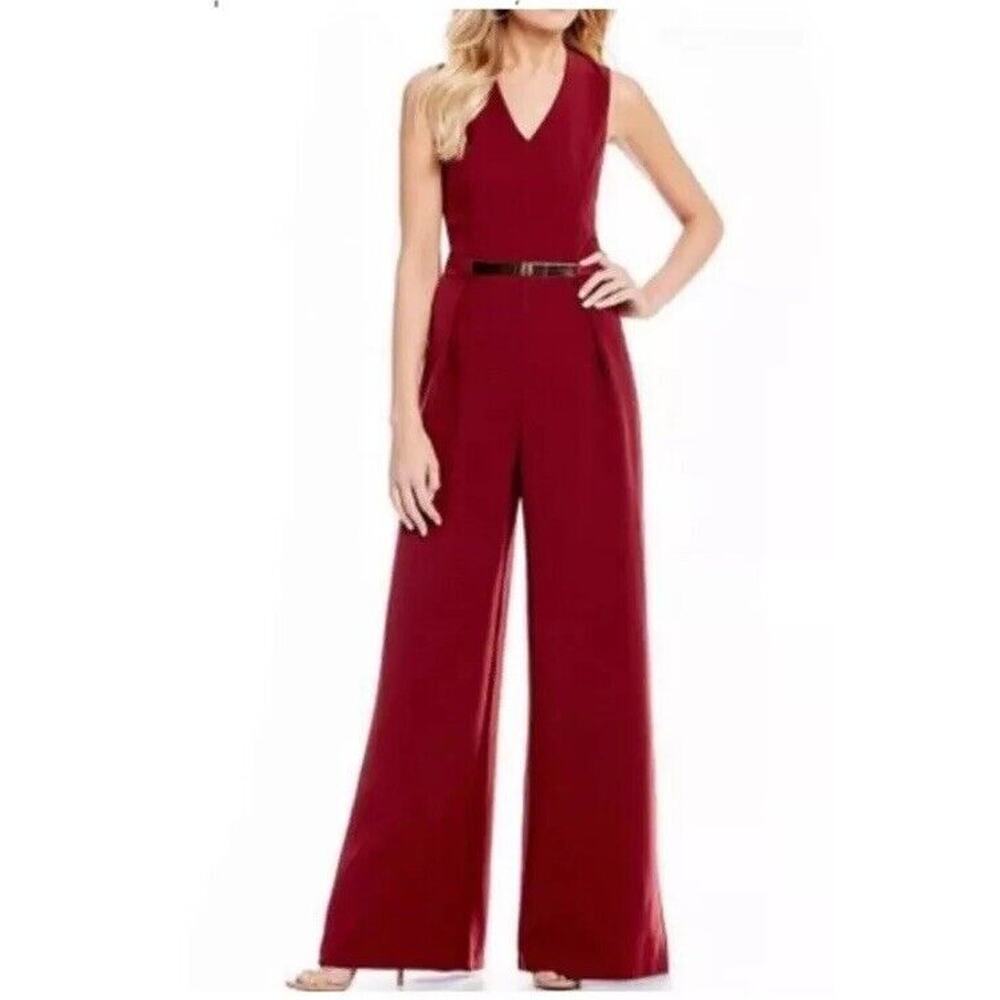 Sugar + Lips Wide Leg Sleeveless V-Neck Pleated Gold Accent Jumpsuit Size Small